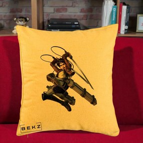 Perna Personalizata Attack on Titan Eren Yeager Lupta, 40x40 cm, Galben, Husa Detasabila, Perna Inclusa, BEKZ®