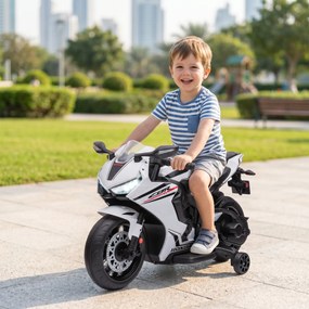 HOMCOM Motocicletă Electrică pentru Copii cu Baterie Reîncărcabilă de 6V, Viteză 3 km/h și Muzică, 90x44x52 cm, Alb | Aosom Romania