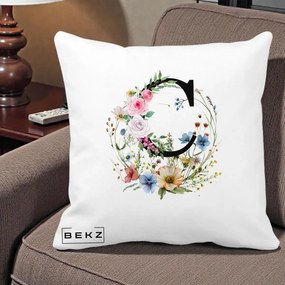 Cadou Personalizat - Perna Personalizata Monogram Litera C cu Flori Acuarela, 40x40 cm, Alba Mata, Husa Detasabila, Perna Inclusa, BEKZ®