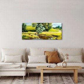 Tablou - Râu între câmpii, pictură în ulei (120x50 cm)