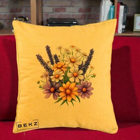 Perna Decorativa Lavanda Musetel si Flori Mov, 40x40 cm, Galben, Husa Detasabila, Perna Inclusa, BEKZ®