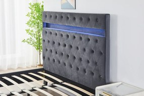 Pat Tapitat Catifea cu Iluminare LED, Somiera si Saltea Inclusa ,   Gri 160x200 cm   Cod FB-18