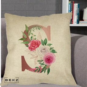 Cadou Personalizat - Perna Personalizata Monograma Rose Gold Litera S, 40x40 cm, Crem, Husa Detasabila, Perna Inclusa, BEKZ®