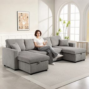 HOMCOM Canapea Extensibilă Modernă în Formă de U și Spații de Depozitare, Catifea Reiată, 282x140x86 cm, Gri | Aosom Romania