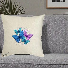 Perna Decorativa Patru Fluturi Turcoaz-Violet, 40x40 cm, Ecru, Husa Detasabila, Perna Inclusa, BEKZ®