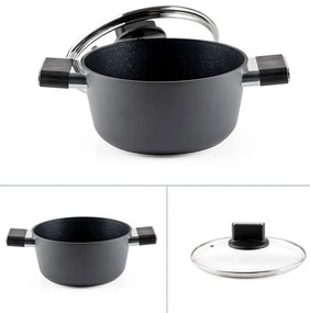 Cratiță Luigi Ferrero Regina FR-2040 20x10 cm, 2,5 l, Acoperire antiaderentă cu efect de marmură, Capac din sticlă cu orificiu pentru abur, Negru