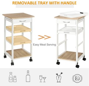 HOMCOM Căruț de servire căruță de bucătărie pe roți 2 tavane detașabile, sertar, raft stejar deschis lemn de pin alb | Aosom Romania