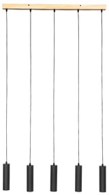 Lampă modernă suspendată neagră cu lemn cu 5 lumini - Jeana