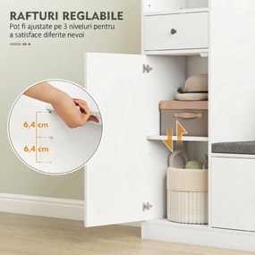 HOMCOM Cuier 180 cm cu Bancă pentru Pantofi, Soluție 4-în-1 cu Raft Reglabil, 4 Agățători și Compartimente Deschise, pentru Hol sau Living, Alb | Aosom Romania