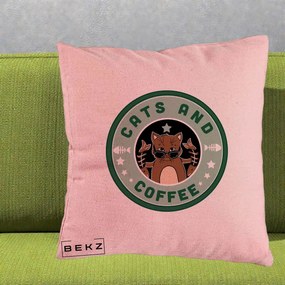 Perna Personalizata Cats and Coffee Starbucks, 40x40 cm, Roz, Husa Detasabila, Perna Inclusa, BEKZ®