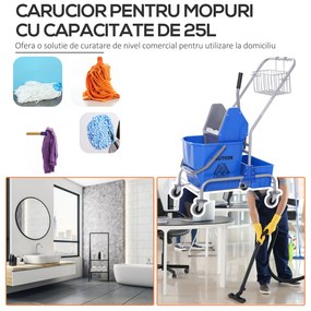 HOMCOM Cărucior Profesional de Curățenie cu Coș Suspendat, Raft și Găleată de 25L cu Storcător, 72x49,5x95 cm, Albastru | Aosom Romania