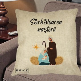 Perna Decorativa Nasterea Domnului Sfanta Familie Sarbatoarea Nasterii, 40x40 cm, Crem, Husa Detasabila, Perna Inclusa, BEKZ®