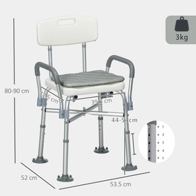 HOMCOM Scaun de Baie din Aluminiu Reglabil, cu Spătar și Brațe, Pernă Moale, Antialunecare, Alb | Aosom Romania