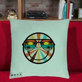 Perna Decorativa Smiley Face Retro Sunset Palmieri, 40x40 cm, Verde Menta, Husa Detasabila, Perna Inclusa, BEKZ®