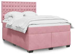 vidaXL Pat box spring cu saltea, roz, 140x200 cm, catifea