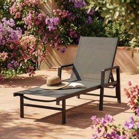 Outsunny Șezlong de grădină din textilenă și aluminiu, reglabil în 4 poziții cu roți și brațere, 65x189x80cm, Gri închis | Aosom Romania