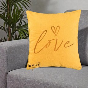 Perna Decorativa Love Caligrafie Aurie, 40x40 cm, Galben, Husa Detasabila, Perna Inclusa, BEKZ®
