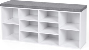 Pantofar cu bancă tapițată GABI, 10 compartimente, 104x30x48cm, gri/alb Jurhan