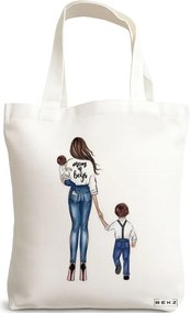 Sacosa de Panza pentru Cumparaturi, Geanta Tote, model Mom of Boys, 38x34.5 cm, Alba, BEKZ®
