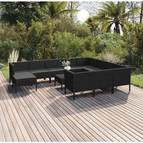 Set mobilier de gradina cu perne, 12 piese, negru, poliratan 4x colt + 6x mijloc + suport pentru picioare + masa, 1