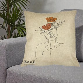 Perna Decorativa Portret Feminin Doua Flori, 40x40 cm, Crem, Husa Detasabila, Perna Inclusa, BEKZ®
