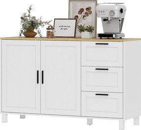 HOMCOM Bufet living, mobilier de depozitare, uși duble cu închidere amortizată, 3 sertare și raft reglabil, 120x38x76cm, alb | Aosom Romania
