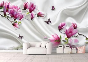 Fototapet 3D, Flori si fluturi roz pe fundalul apei Art.05068