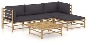 Set mobilier de gradina, 5 piese, perne gri inchis, bambus Morke gra, 2x colt + mijloc  + suport pentru picioare + masa, 1