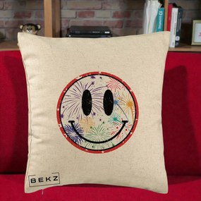 Perna Decorativa Smiley Face cu Artificii Multicolore, 40x40 cm, Bej, Husa Detasabila, Perna Inclusa, BEKZ®