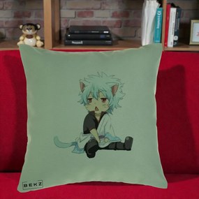 Perna Personalizata Gintama Gintoki Chibi Pisica, 40x40 cm, Verde, Husa Detasabila, Perna Inclusa, BEKZ®