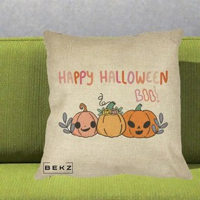 Perna Decorativa Happy Halloween Boo Trei Dovlecei Kawaii, 40x40 cm, Crem, Husa Detasabila, Perna Inclusa, BEKZ®