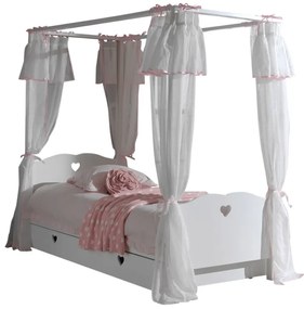 Set Pat cu Baldachin AMORI pentru Copii, 90x200 cm, Alb, cu Sertar și Set Textil Roz – Vipack