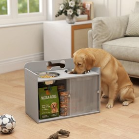 PawHut Stație de hrănire ridicată cu 2 boluri și dulap, MDF, oțel inoxidabil, model cu oase, Gri | Aosom Romania