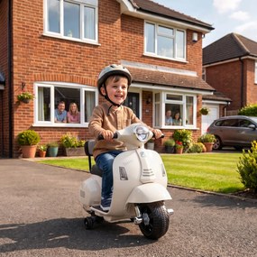 AIYAPLAY Motocicletă electrică pentru copii 1.5-3 ani mini Vespa GTS 7.2V, cu baterie litiu, spătar, roți ajutătoare, far, claxon, 2.5km/h, max. 25 Kg, alb crem | Aosom Romania