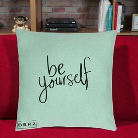 Perna Decorativa Be Yourself Caligrafie Neagra, 40x40 cm, Verde Menta, Husa Detasabila, Perna Inclusa, BEKZ®