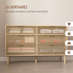 HOMCOM Comodă cu 6 Sertare din Lemn pentru Dormitor și Hol, Stil Nordic, 120 x 39,5 x 75 cm, Stejar | Aosom Romania