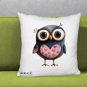 Perna Decorativa Bufnita cu Inimioare Roz, 40x40 cm, Alb Pufos, Husa Detasabila, Perna Inclusa, BEKZ®