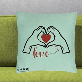 Perna Decorativa Love Maini Inima cu Inscriptie Love Rosu, 40x40 cm, Verde Menta, Husa Detasabila, Perna Inclusa, BEKZ®