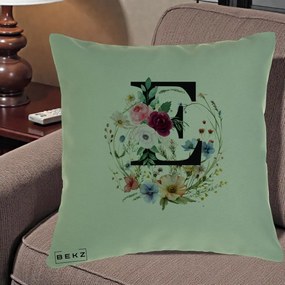 Cadou Personalizat - Perna Personalizata Monogram Litera E cu Flori Acuarela, 40x40 cm, Verde, Husa Detasabila, Perna Inclusa, BEKZ®
