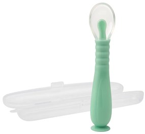 Lingurita bebe din silicon moale, cu maner flexibil, ventuza la baza si husa pentru depozitare Kidizi verde, 9 luni+