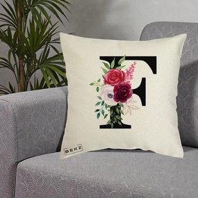 Cadou Personalizat - Perna Personalizata Monograma Florala Litera F, 40x40 cm, Ecru, Husa Detasabila, Perna Inclusa, BEKZ®