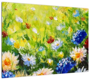 Tablou pe sticlă - Pictură în ulei, pajiște înflorită (70x50 cm)