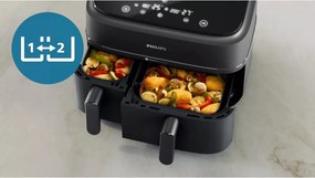 Friteuza dubla cu aer cald Philips NA351/00, 2750 W, 6+3 l, 80-200°C, 1,5 kg, 8 programe, Ecran tactil, Copiere si sincronizare, Negru/Argintiu