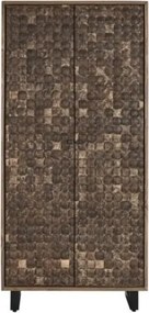 Dulap din lemn de tec reciclat, înalt și îngust, natur, cu 2 uși placate cu fibră de cocos, 10 rafturi și picioare din metal, 200 x 80 x 40 cm, „Fumo”