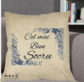 Cadou pentru Socru - Perna Personalizata Cel mai Bun Socru cu Flori Albastre Acuarela, 40x40 cm, Crem, Husa Detasabila, Perna Inclusa, BEKZ®