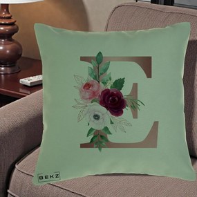 Cadou Personalizat - Perna Personalizata Monograma Rose Gold Litera E, 40x40 cm, Verde, Husa Detasabila, Perna Inclusa, BEKZ®
