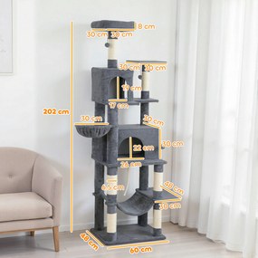 PawHut Arborele pentru Pisici mare, 202 cm, cu 6 Stâlpi de Zgâriat, 2 Hamace, 2 Stinghii, 2 Pompoane, Gri inchis | Aosom Romania