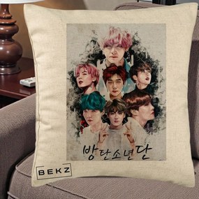 Perna Personalizata K-pop BTS Bangtan Boys Poster Artistic Negru Alb, 40x40 cm, Bej, Husa Detasabila, Perna Inclusa, BEKZ®