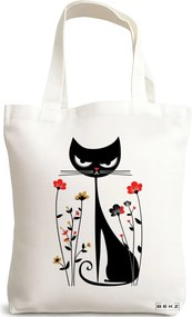 Sacosa de Panza pentru Cumparaturi, Geanta Tote, model Cat and Flowers 2, 38 x 34.5 cm, Alba, BEKZ®
