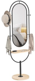 HOMCOM Oglindă de tip stand ovală cu suport de lemn, 4 cârlige și cadru metalic, 50 x 40 x 175,5 cm, negru | Aosom Romania